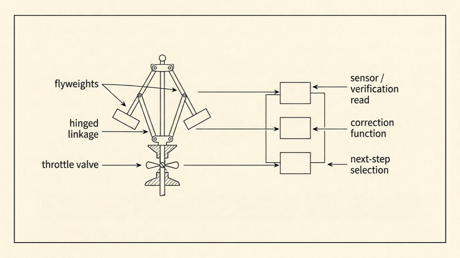 Watt governor parts mapped to agent loop equivalents: flyweights to sensor, hinged linkage to correction function, throttle valve to next-step selection
