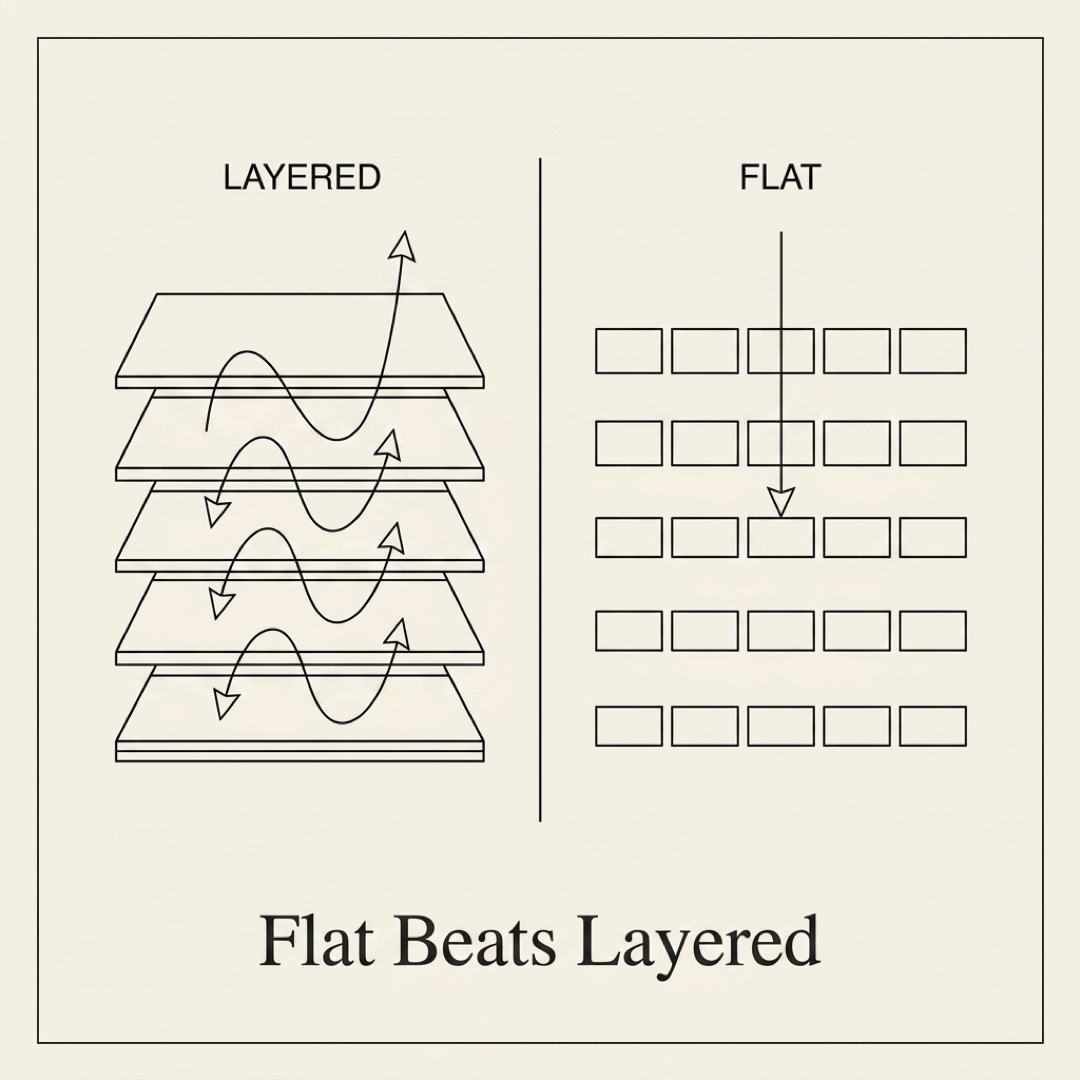 alt: Two diagrams side by side. Layered shows stacked layers with arrows wiggling through them. Flat shows a grid of uniform tiles with one straight arrow reaching any tile