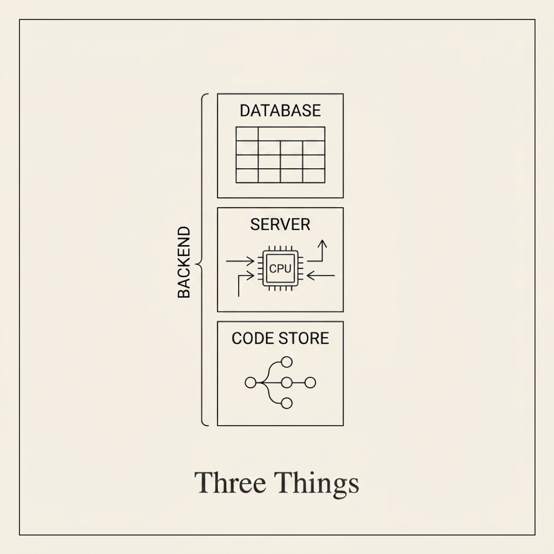 alt: Three stacked tiles labeled Database, Server, and Code Store bracketed together as a single Backend unit