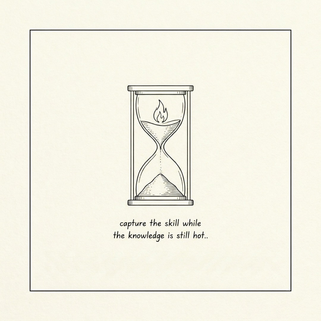 alt: An hourglass with a small flame at the top and the falling sand visibly cooling: capture the skill while the knowledge is still hot