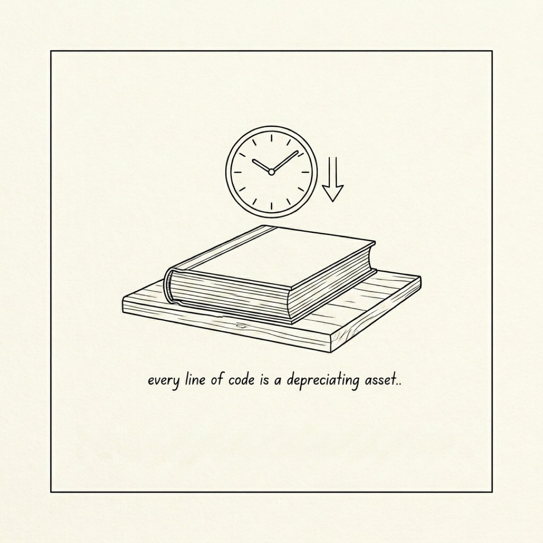 alt: A ledger book on a shelf with a clock floating above it: every line of code is a depreciating asset