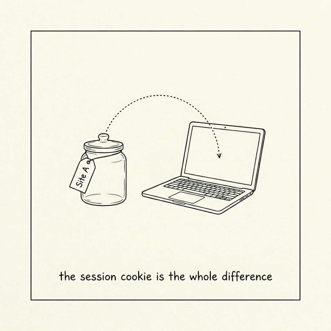 alt: A labeled cookie jar sitting next to an open laptop with a dotted line arching from jar into laptop: the session cookie is the whole difference