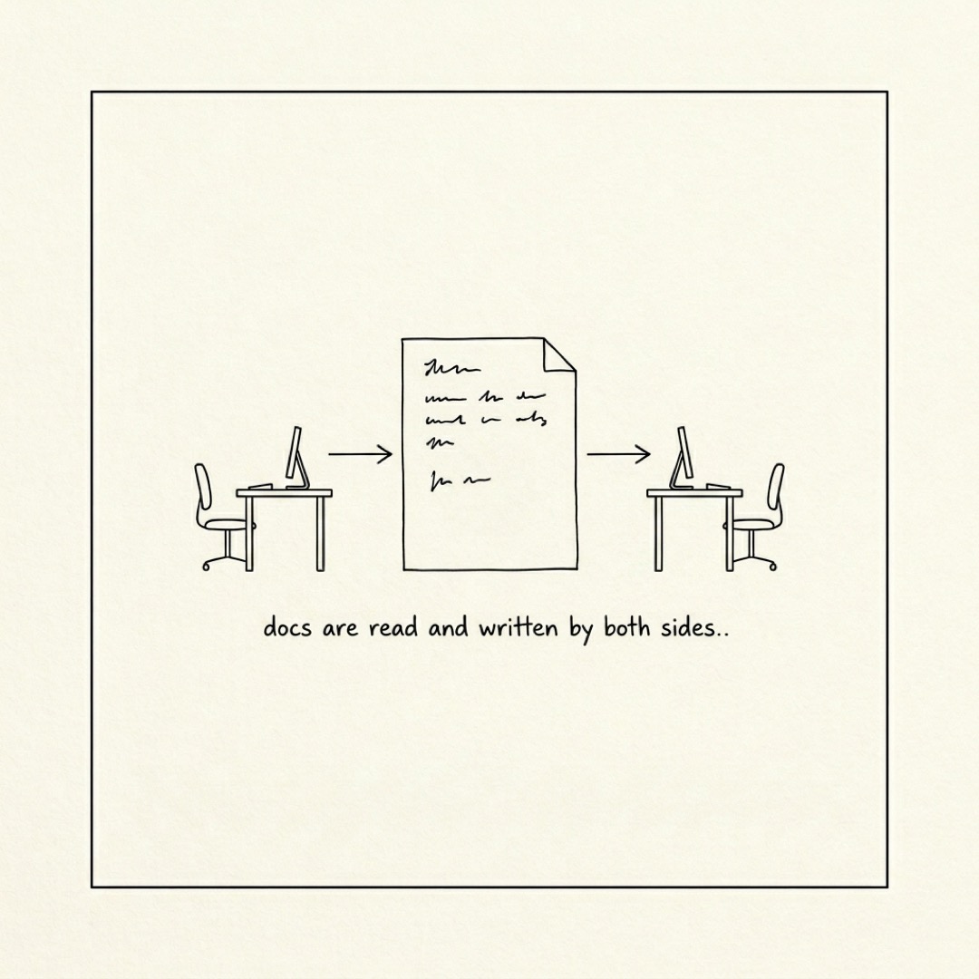 alt: A page of notes between two workstations with arrows flowing in both directions: docs are read and written by both sides