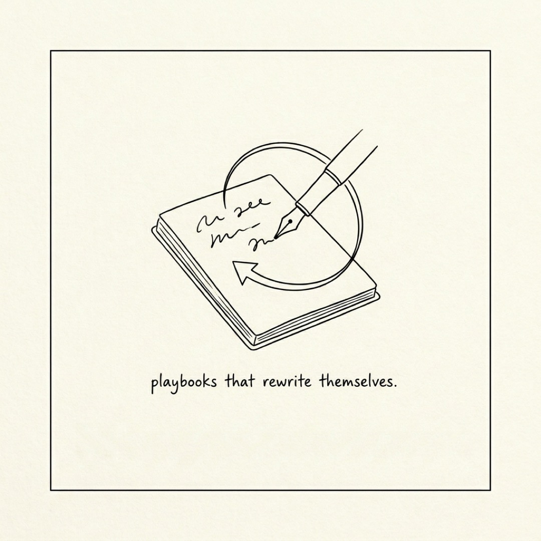 alt: A notebook page with an arrow looping back into the pen writing on it: playbooks that rewrite themselves