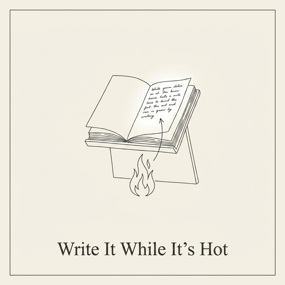 alt: A small flame burning under an open notebook, one page visibly glowing brighter than the rest: capture the lesson while the page is still hot