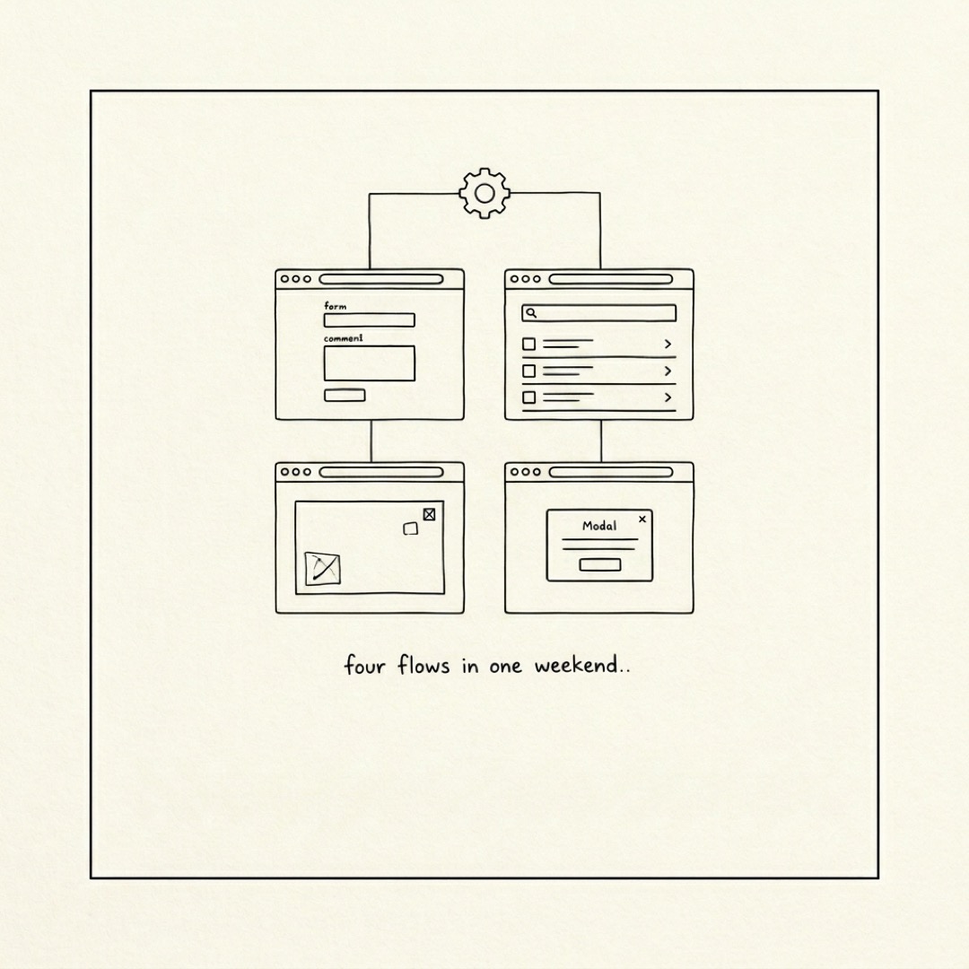 alt: Four small browser windows in a two-by-two grid connected to one gear node above: four flows in one weekend