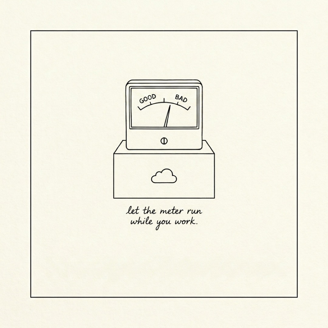 alt: An analog meter with a needle between GOOD and BAD sitting on a cloud box: let the meter run while you work