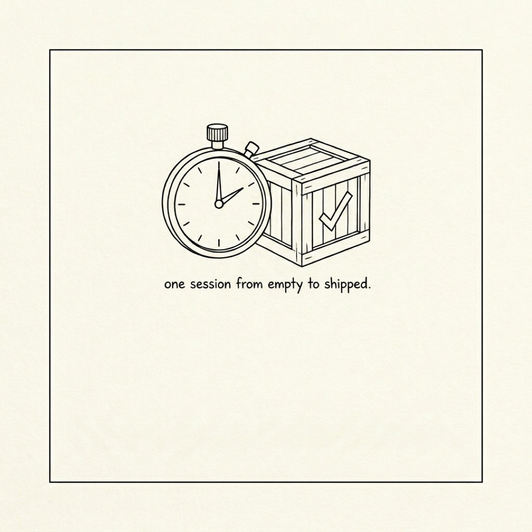 alt: A timer next to a shipping crate with a checkmark: one session from empty to shipped