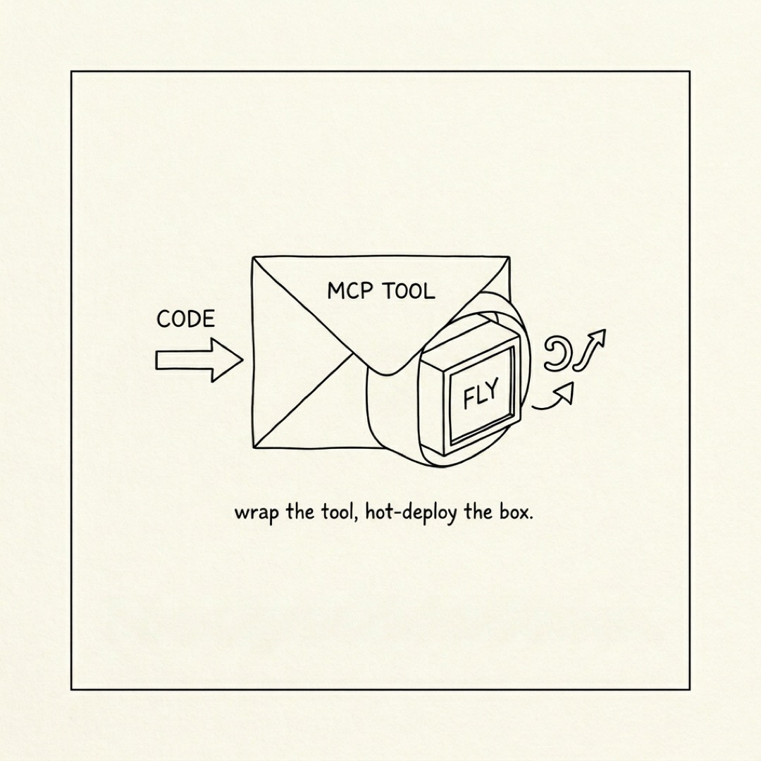 alt: An envelope labeled MCP TOOL wrapping a machine box labeled FLY with arrows labeled CODE and curl: wrap the tool, hot-deploy the box