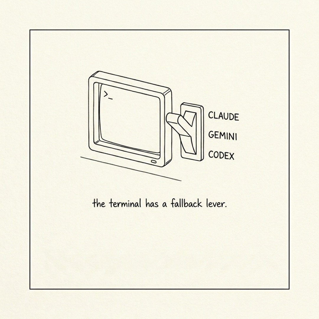 alt: A terminal window with a three-position switch labeled CLAUDE GEMINI CODEX set between CLAUDE and GEMINI: the terminal has a fallback lever