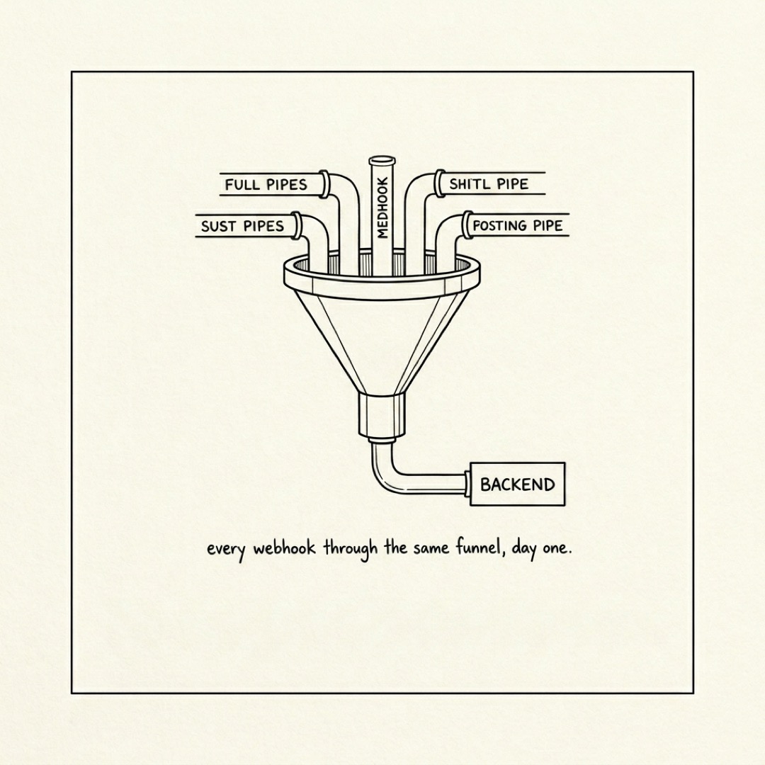 alt: A funnel with many incoming pipes and one outgoing pipe leading to a BACKEND box: every webhook through the same funnel, day one