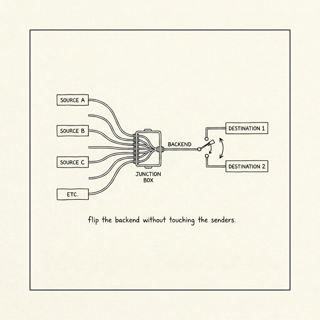 alt: A central junction with many external wires in and one switched outgoing wire to one of two backends: flip the backend without touching the senders