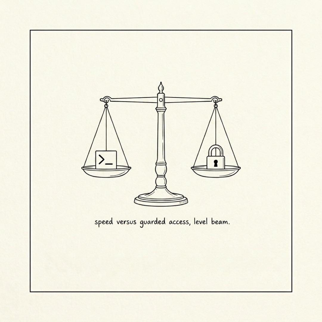 alt: A balance scale with a terminal prompt on the left pan and a padlock on the right pan, beam level: speed versus guarded access, level beam