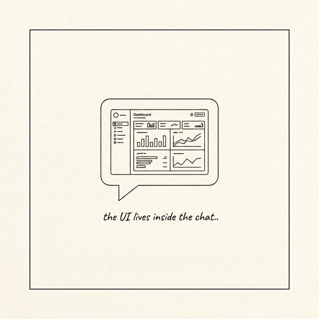 alt: A chat bubble with a small dashboard card rendered inside it: the UI lives inside the chat