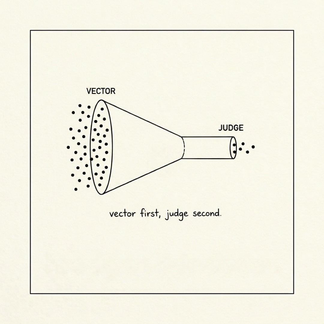 alt: A horizontal funnel with many dots in on the left labeled VECTOR narrowing to few on the right labeled JUDGE: vector first, judge second