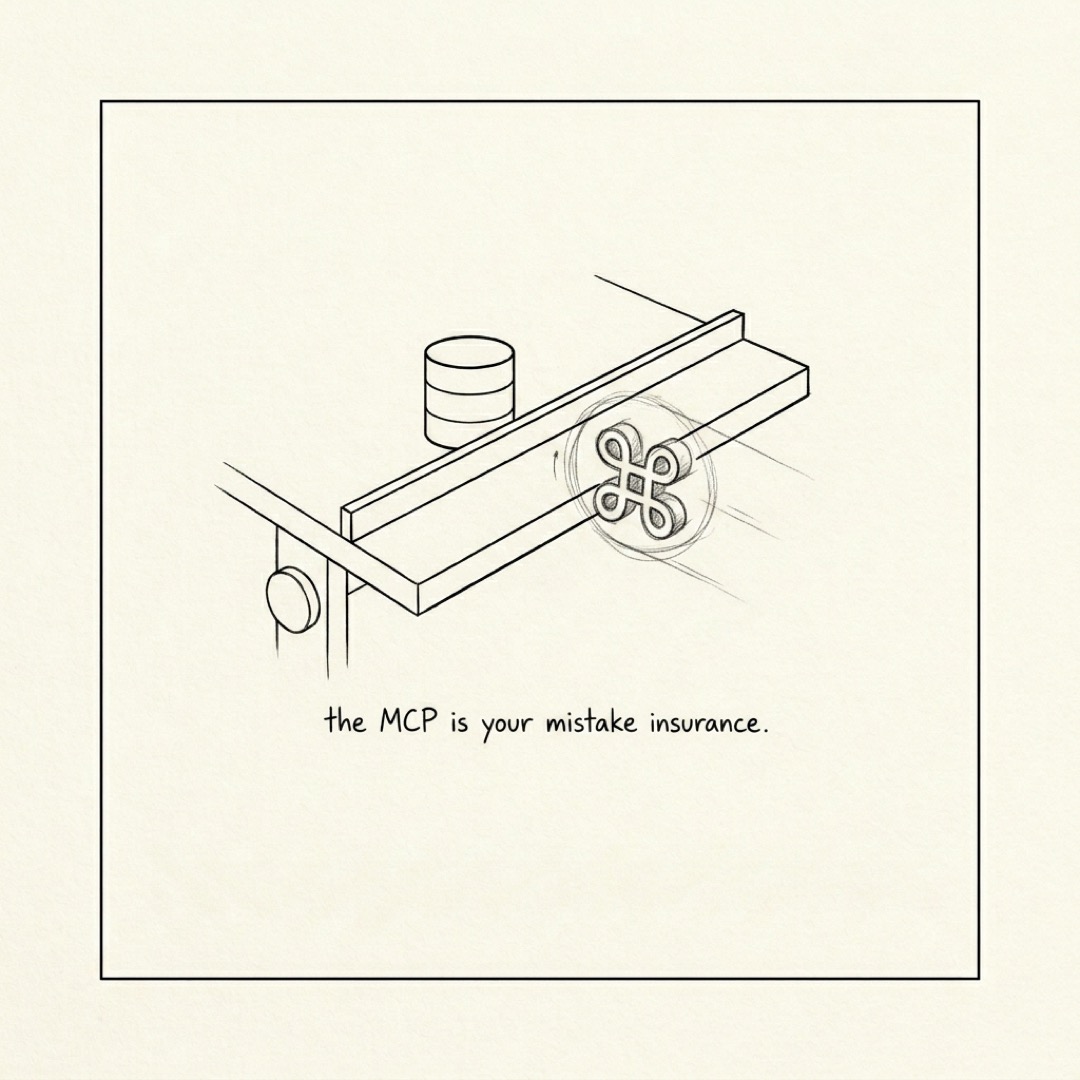 alt: A guard rail with a database cylinder safely behind it and a command rolling toward the rail: the MCP is your mistake insurance