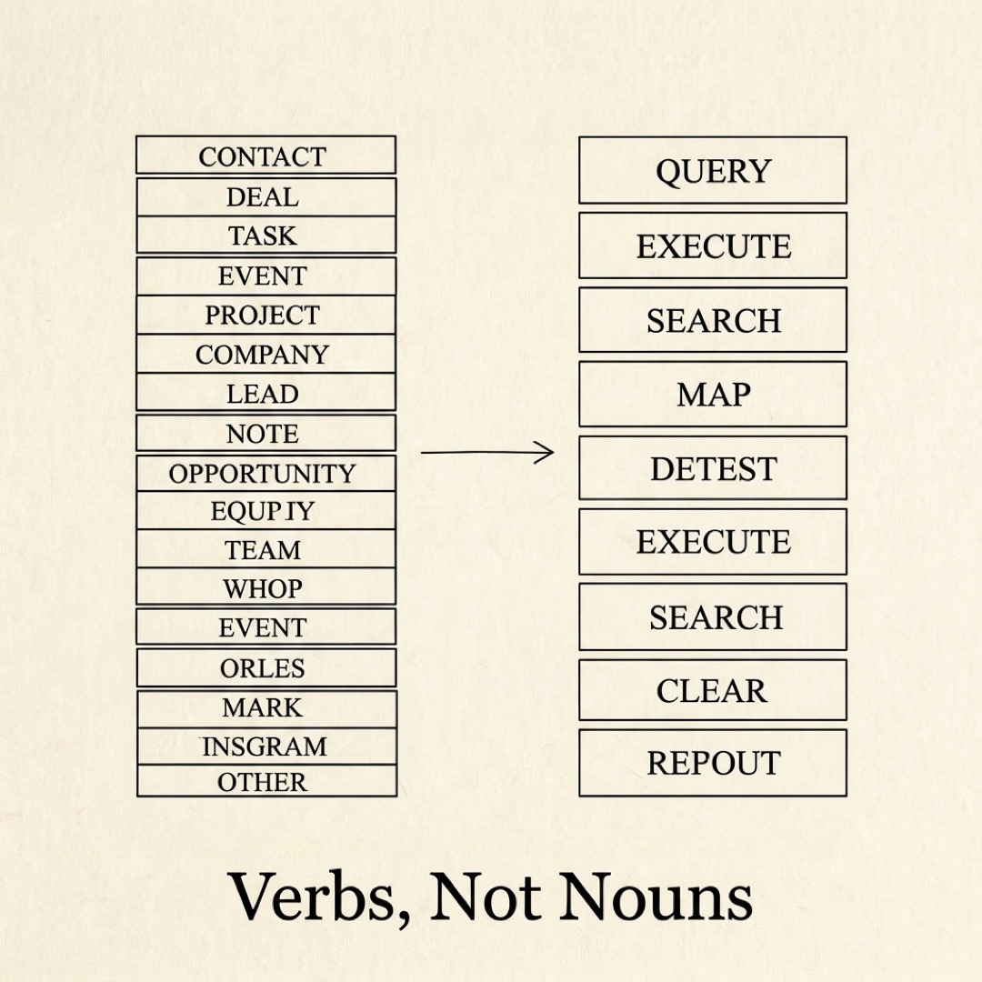 alt: Two columns side by side: the left column a tall stack of small boxes labeled with nouns like CONTACT, DEAL, TASK, the right column a shorter stack of wider boxes labeled with verbs like QUERY, EXECUTE, SEARCH, with an arrow pointing from left to right: verbs, not nouns