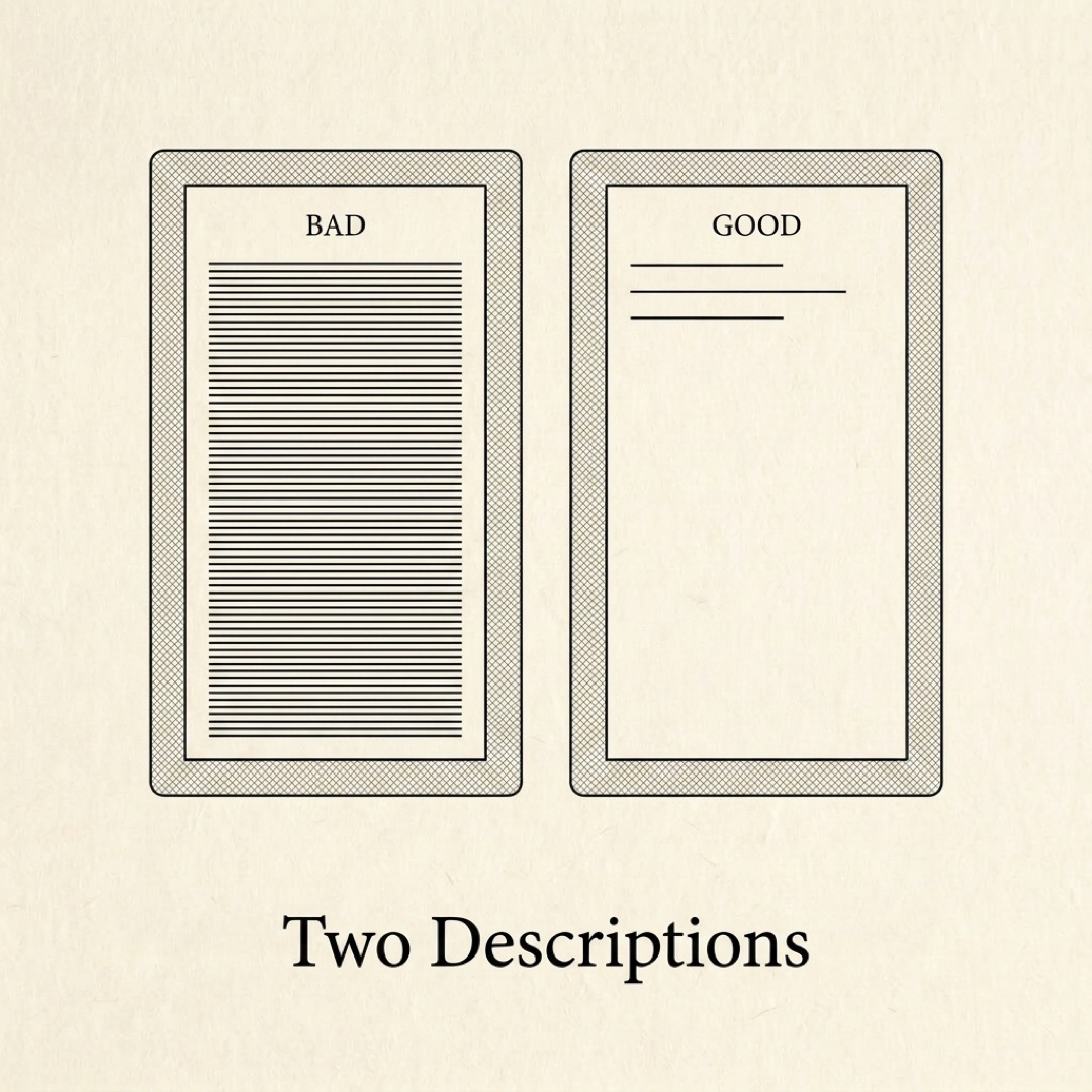 alt: Two framed cards side by side: the left card labeled BAD is densely filled with many thin horizontal lines of text, the right card labeled GOOD holds only three short lines: two descriptions