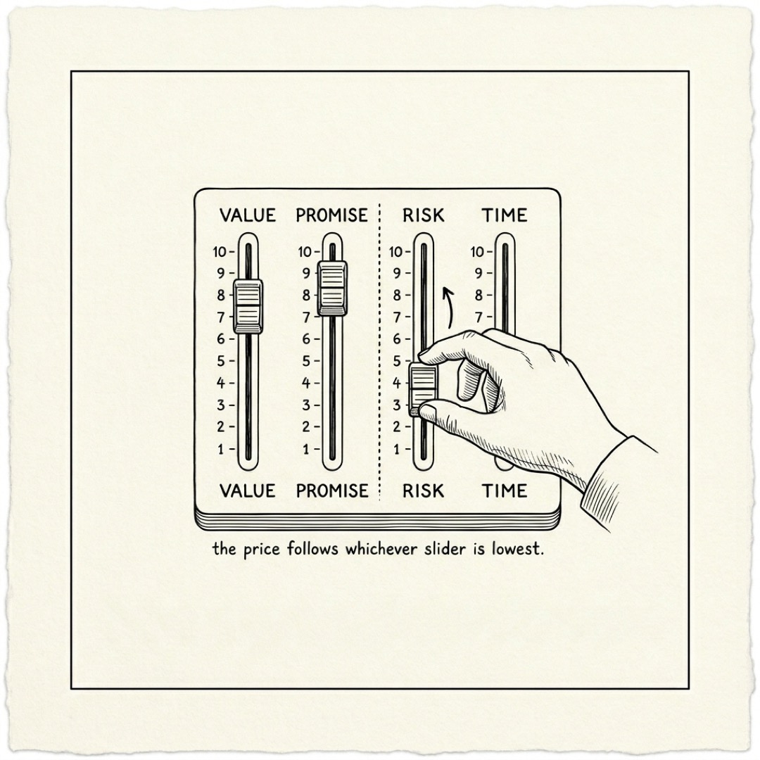 A mixing console with four vertical sliders labeled value, promise, risk, time: value and promise pushed high, risk and time stuck low, a hand reaching in to push risk up: the price follows whichever slider is lowest