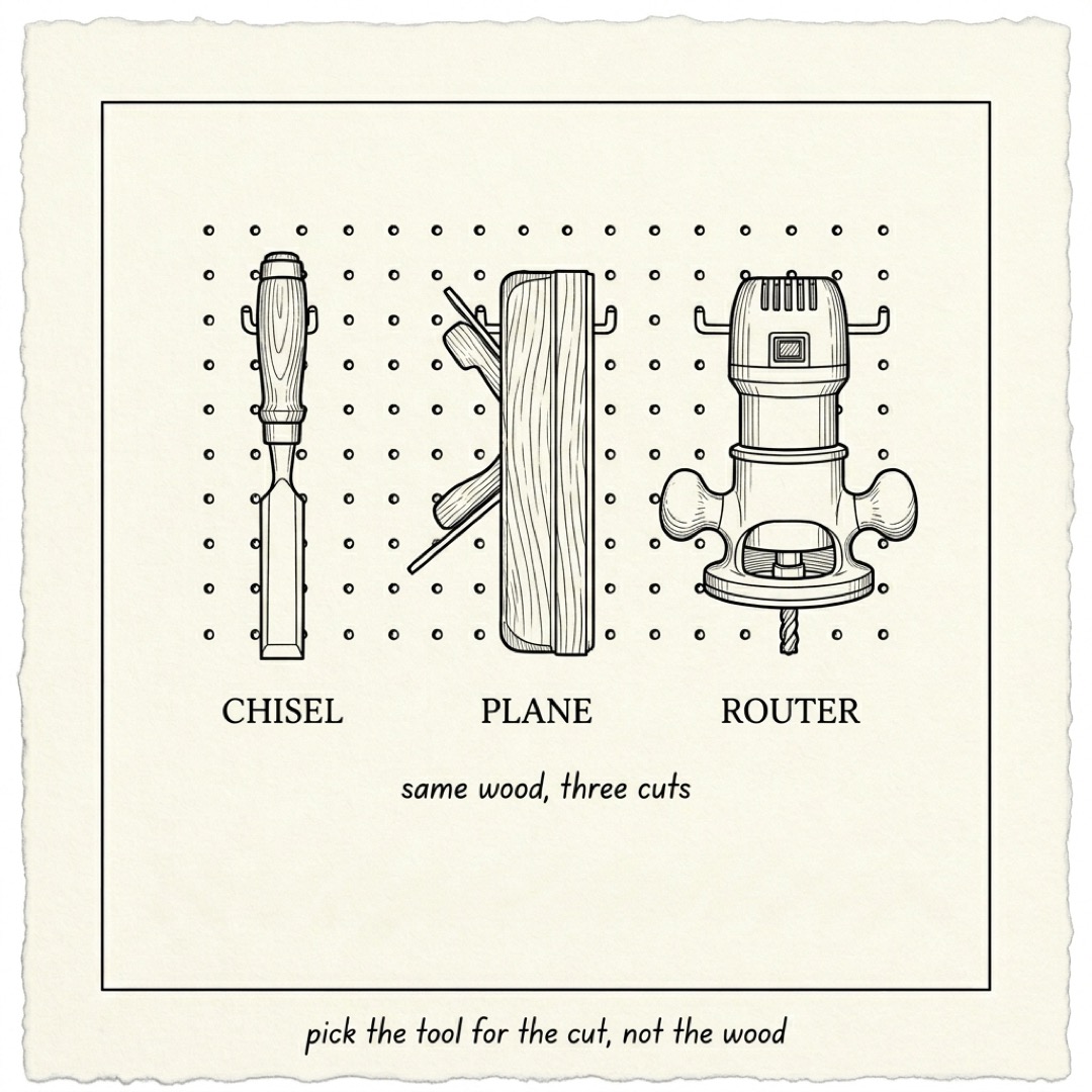 Three shop tools hanging on a pegboard: a chisel, a hand plane, a router, each labeled, with a note underneath reading same wood three cuts: pick the tool for the cut, not the wood