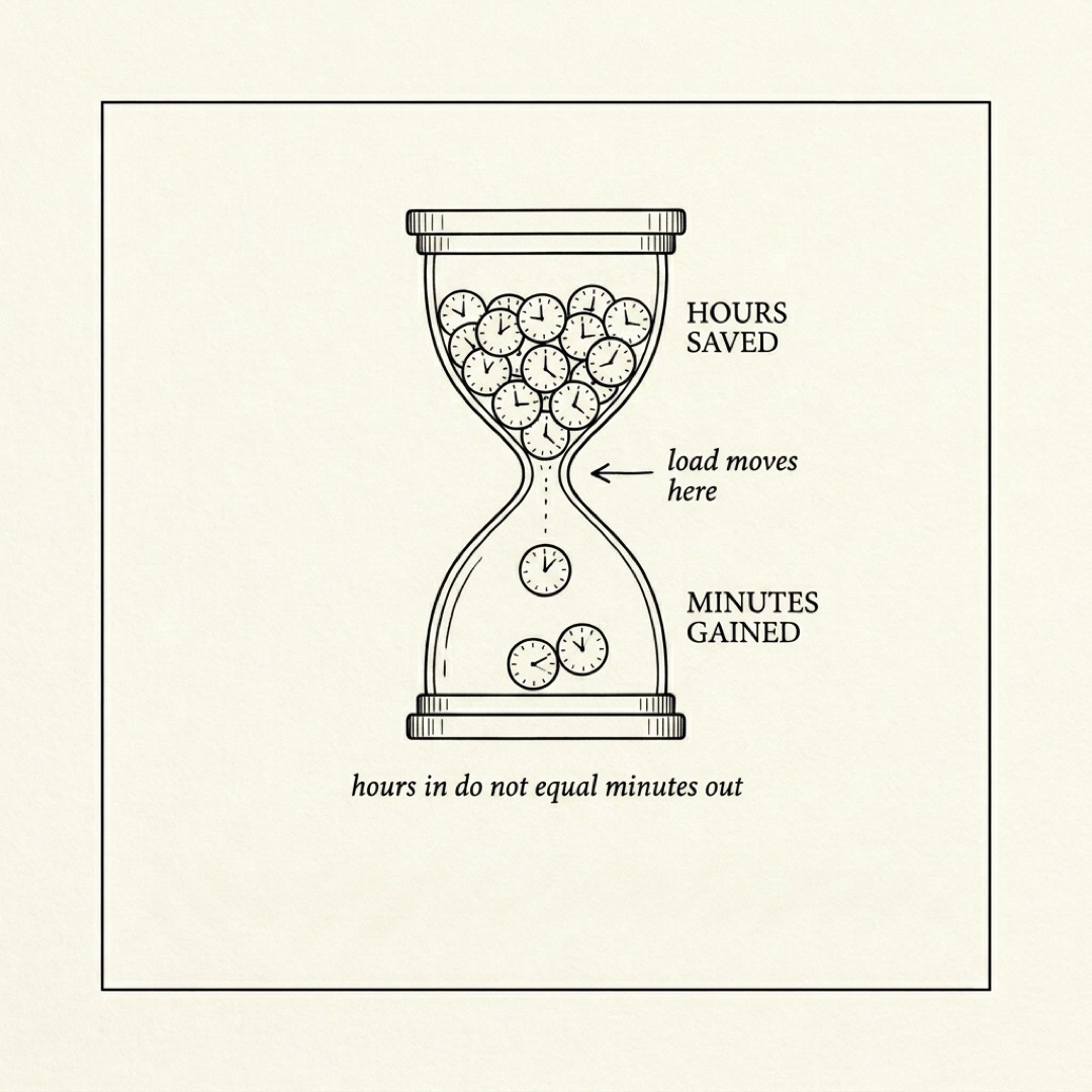 An hourglass where the top chamber is densely packed with tiny clock faces labeled hours saved and the bottom chamber holds only a few clock faces labeled minutes gained, with an arrow pointing to the neck labeled load moves here: hours in do not equal minutes out