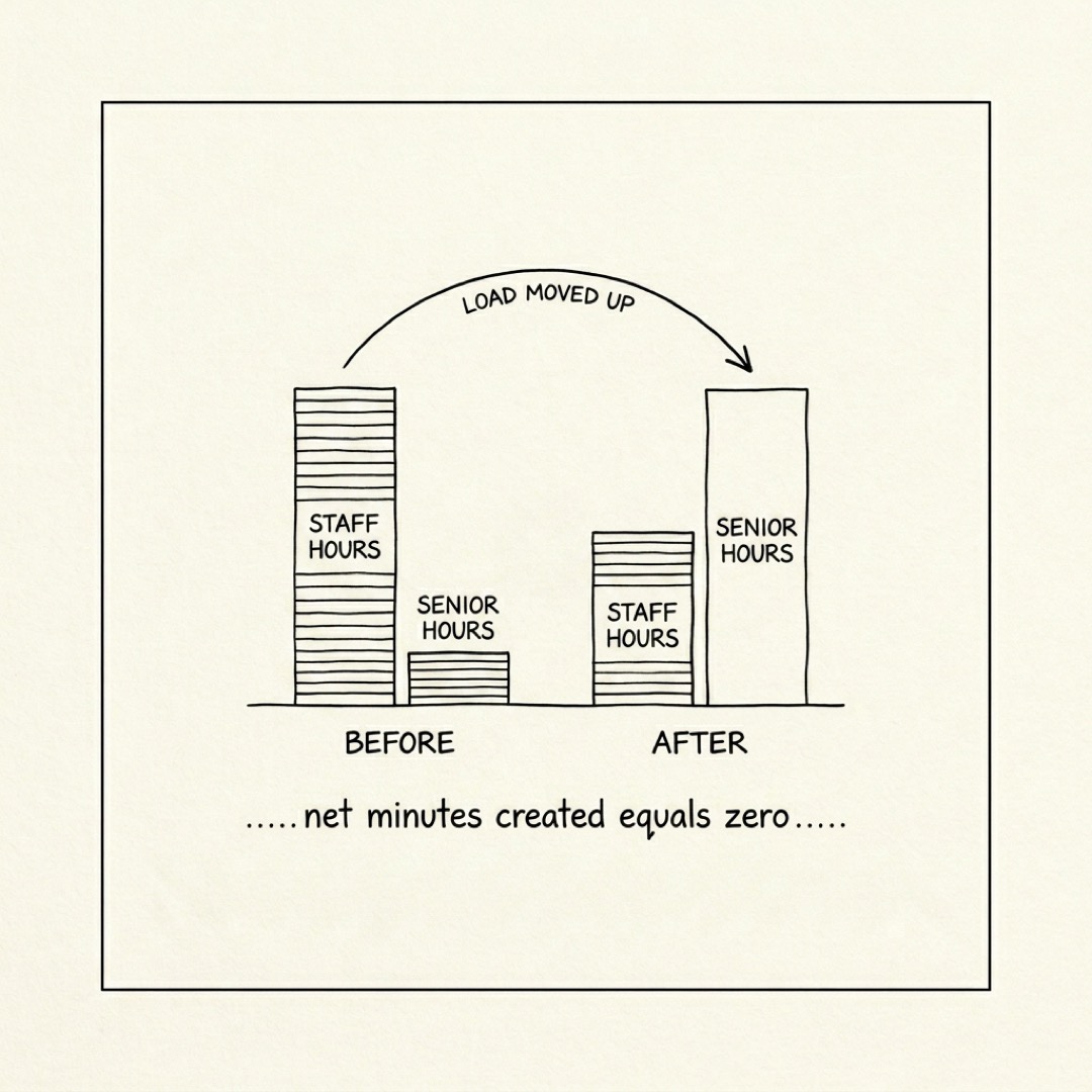 Load-shift bar chart: tall staff and short senior before, short staff and tall senior after; work moves up, net minutes created equals zero