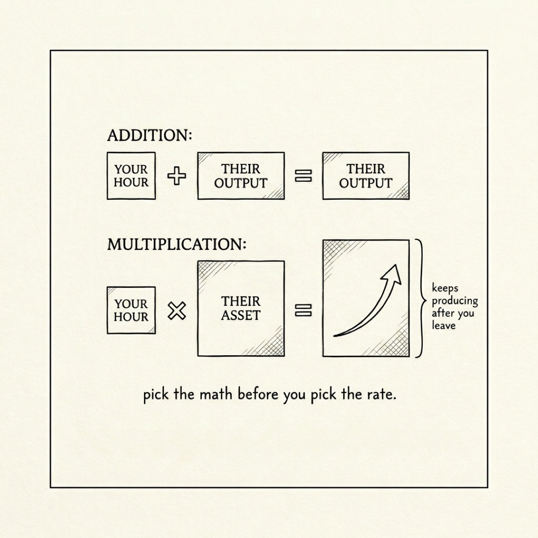 Two stacked equations: addition as your hour plus their output equals a slightly bigger output, multiplication as your hour times their asset equals a much larger asset with a bracket labeled keeps producing after you leave: pick the math before you pick the rate
