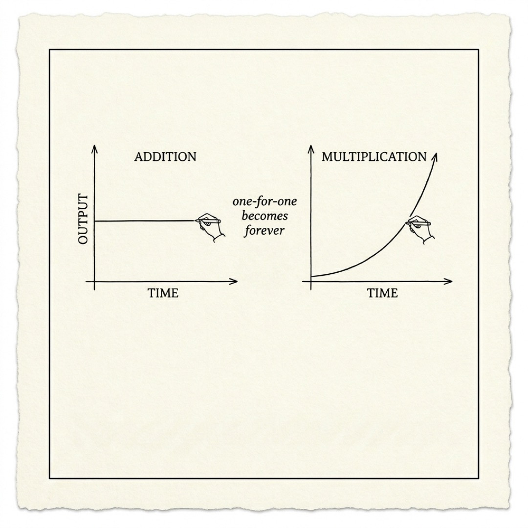 Two axis graphs: addition as a flat line that stops when the hand stops, multiplication as a rising compounding curve that continues past the hand; one for one becomes forever