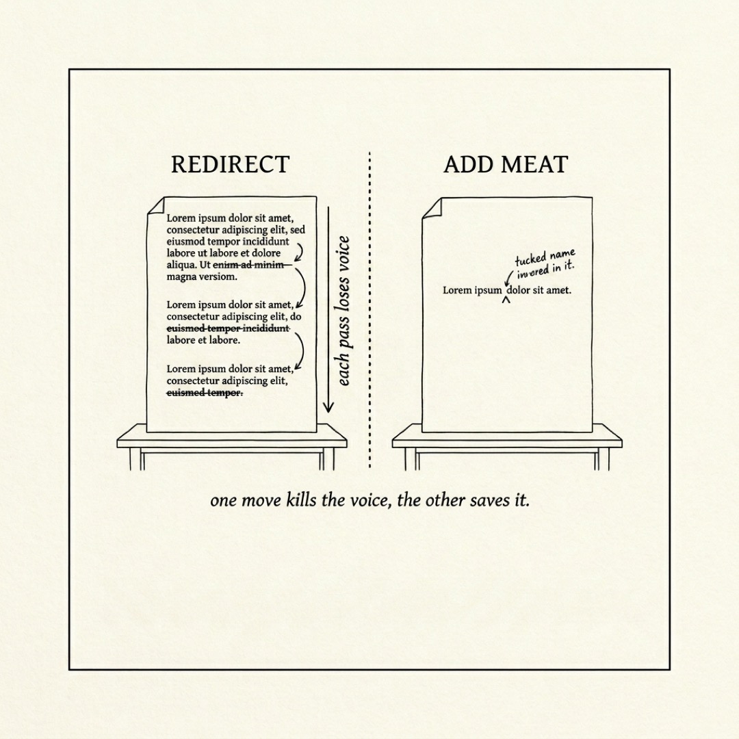 Redirect vs add meat: the rewrite loop degrades the voice with each pass, a single additive caret mark preserves it