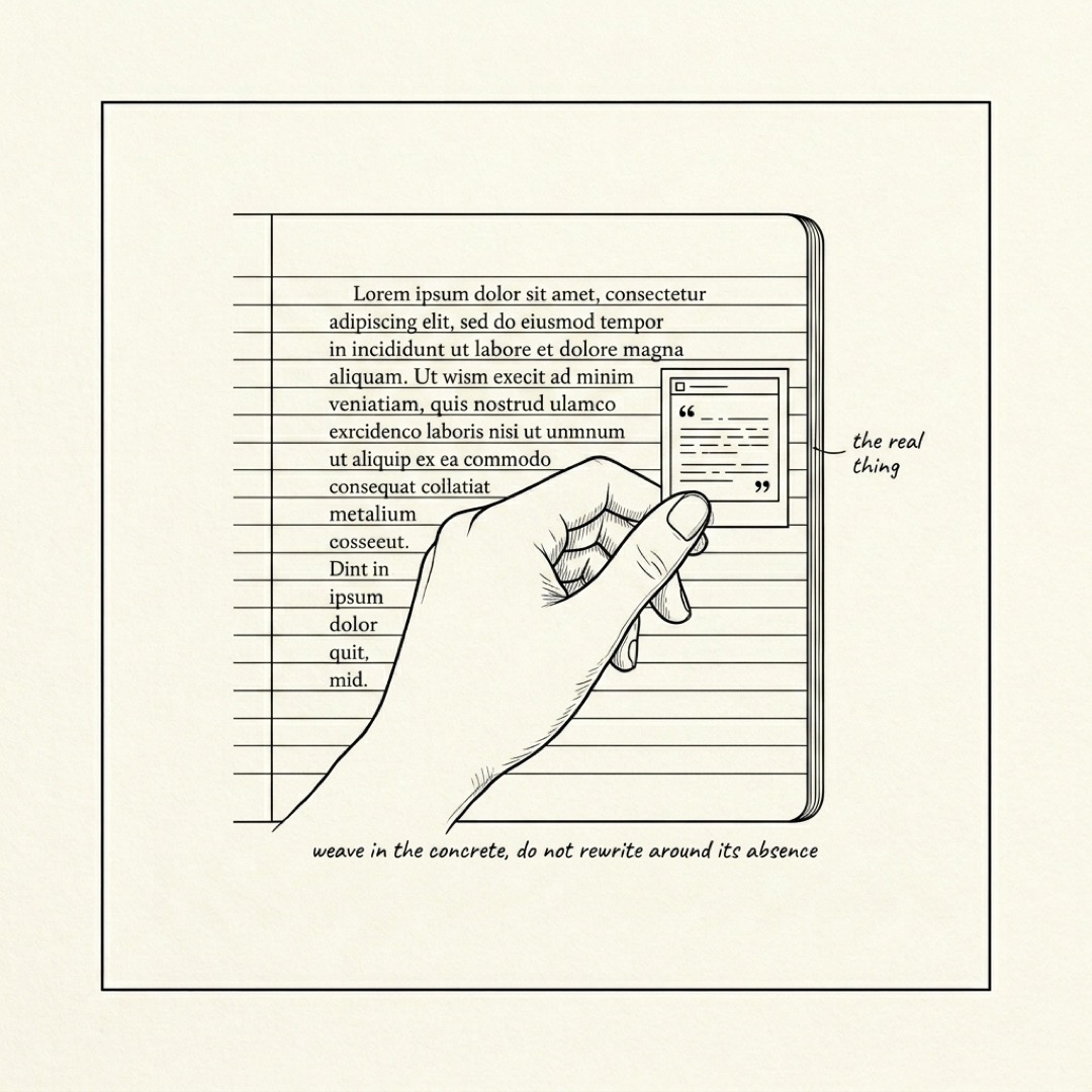 A hand pasting a small printed photograph into the margin of a notebook page beside an existing paragraph, the photograph showing a real quote, a closed laptop sits nearby: weave in the concrete, do not rewrite around its absence