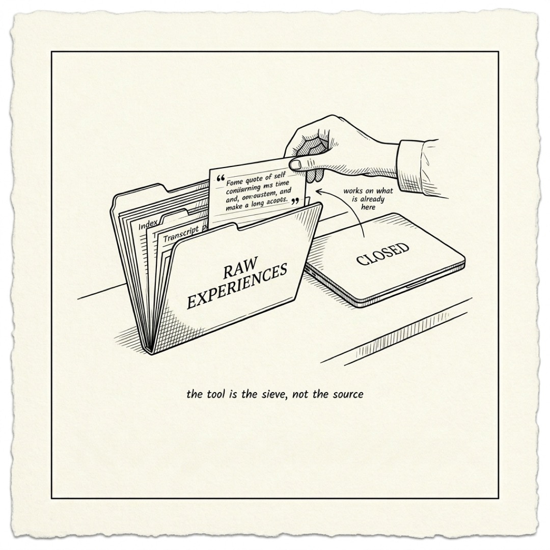 A hand reaching into an open folder labeled raw experiences to pull out a single index card with a quote, a closed laptop sits beside the folder with an arrow labeled works on what is already here: the tool is the sieve, not the source