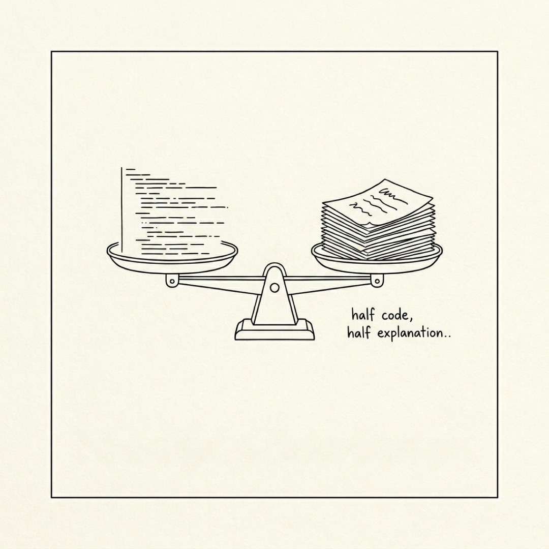 alt: A balance scale with stacked code lines on the left pan and folded prose notes on the right pan, perfectly level: half code, half explanation