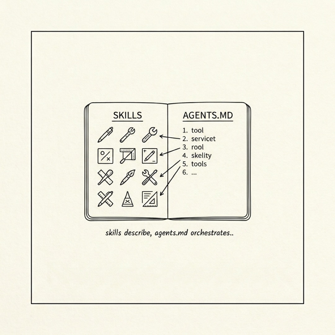 alt: Two open notebook pages: SKILLS on the left with tool icons, AGENTS.MD on the right with an ordered list whose arrows point to the tools: skills describe, agents.md orchestrates