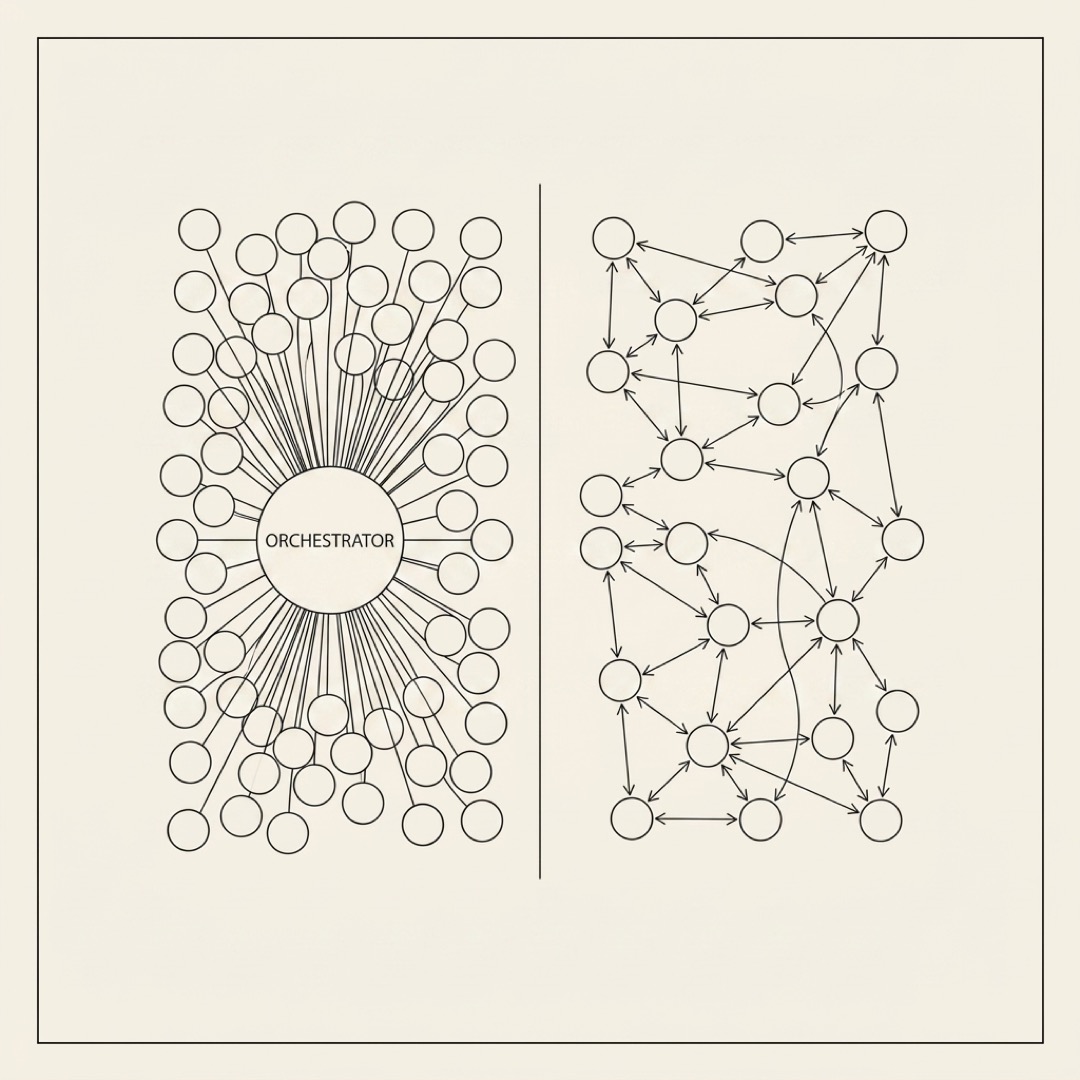 Left panel: a central hub orchestrator with tangled lines radiating to all skills. Right panel: the same skills arranged with direct arrows between them, no central hub, cleaner layout
