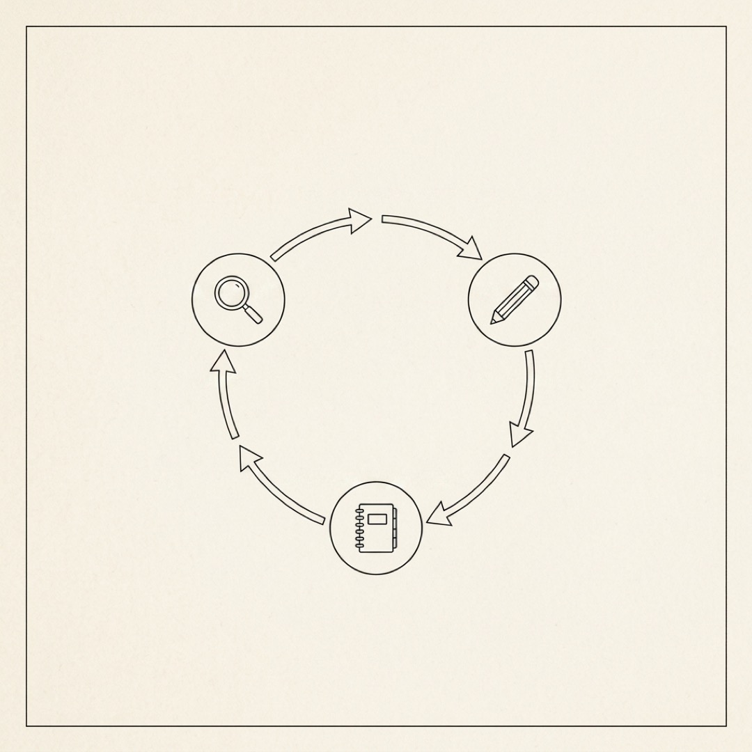 A circular feedback loop with three stations: detect, fix, log, arrows flowing clockwise back to detect