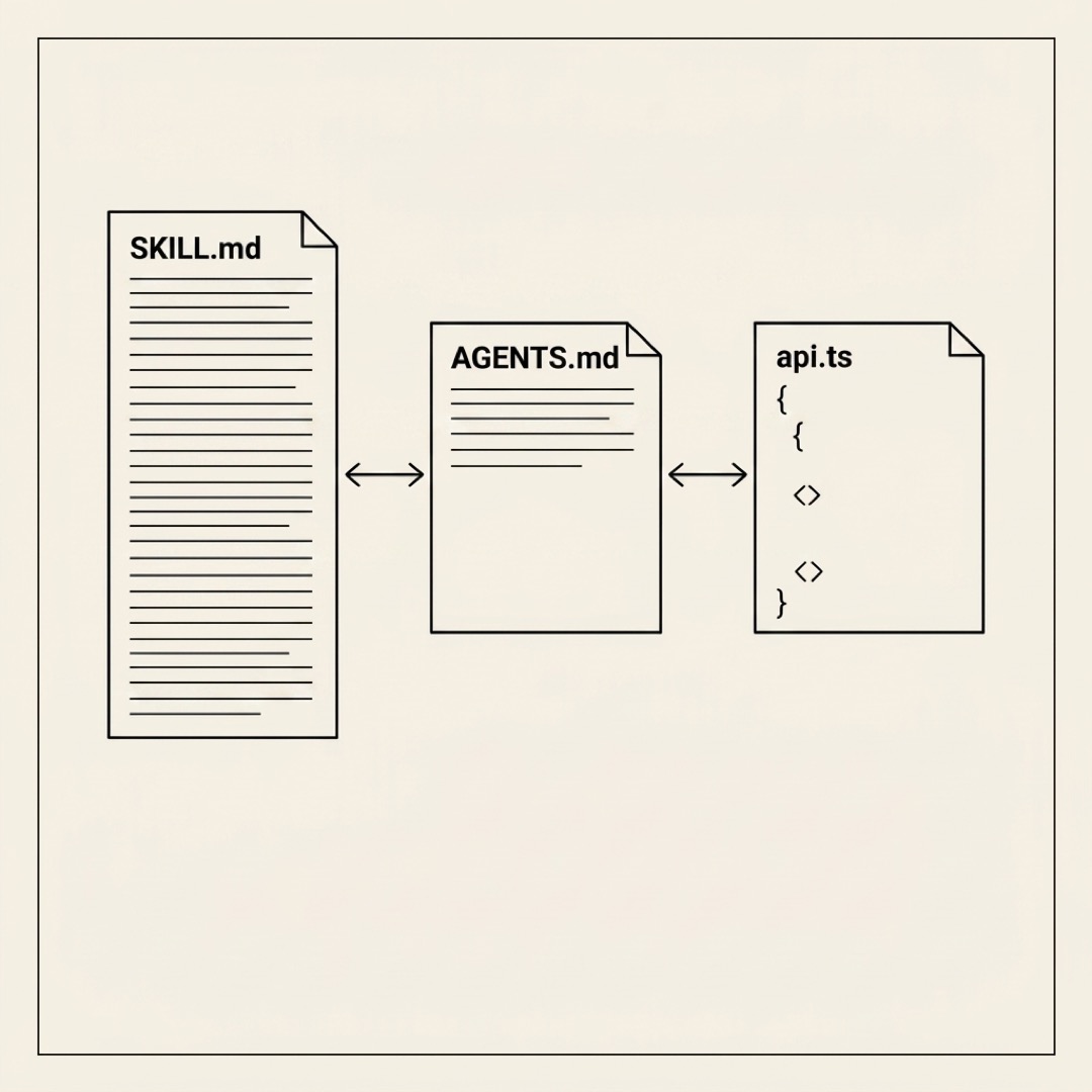 Three files side by side: SKILL.md (long reference), AGENTS.md (compressed loader), api.ts (typed interface), with arrows showing how they reference each other
