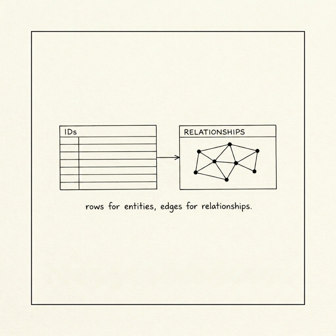 alt: Two index cards: left labeled IDs with ruled rows, right labeled RELATIONSHIPS with dots connected by lines, thin arrow between them: rows for entities, edges for relationships