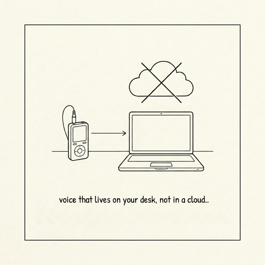 alt: A handheld mic device connected to a local laptop with a crossed-out cloud floating above: voice that lives on your desk, not in a cloud