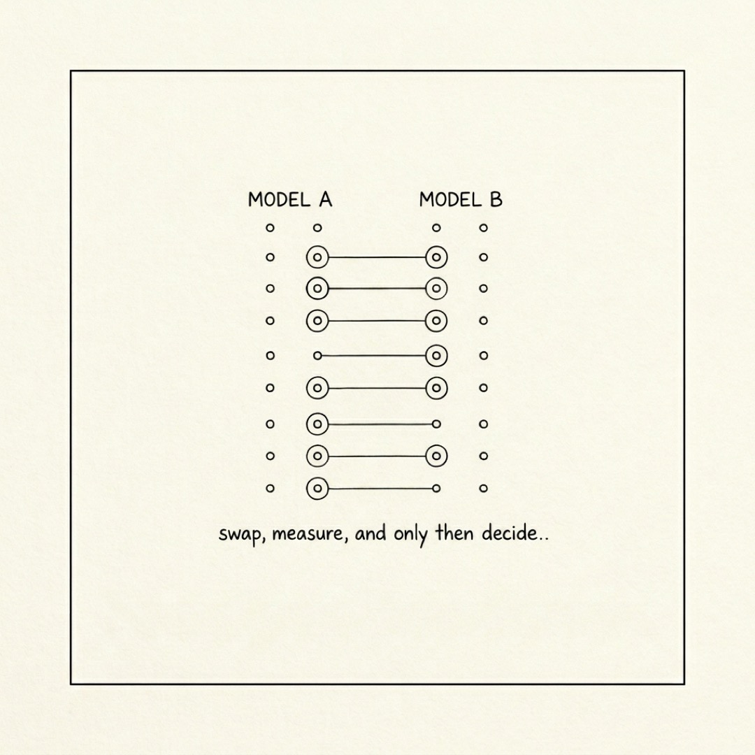 alt: Two columns of dots labeled MODEL A and MODEL B with paired circles linked across: swap, measure, and only then decide