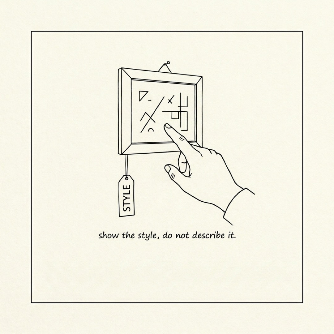 alt: A hand pointing at a small framed picture with a tag labeled STYLE: show the style, do not describe it