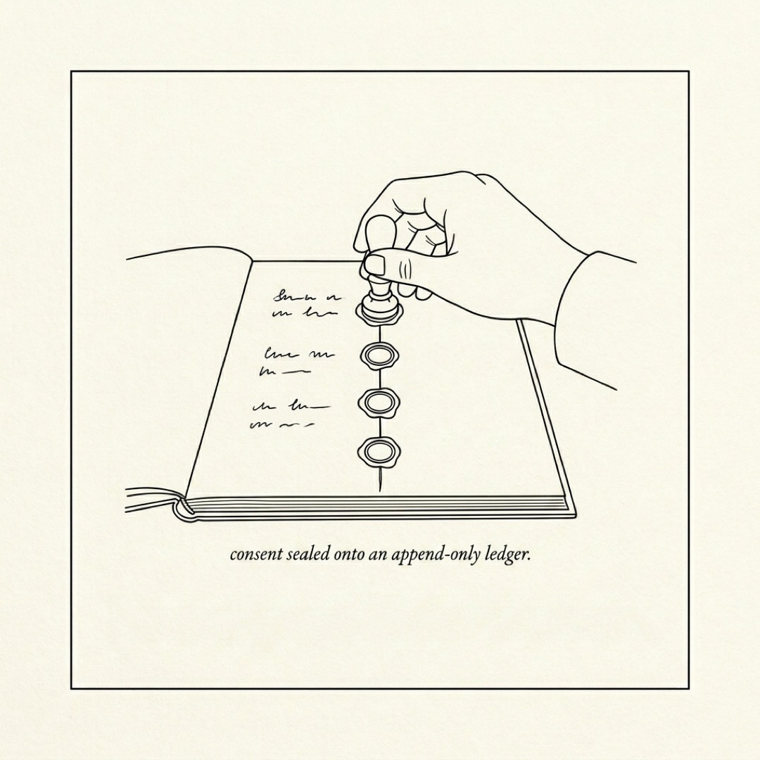 alt: A hand pressing a wax seal onto a ledger with a vertical chain of prior seals beneath: consent sealed onto an append-only ledger