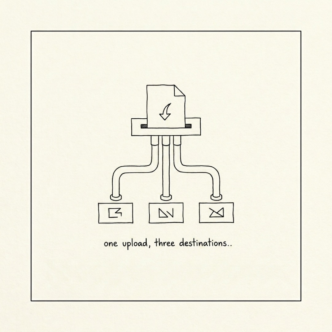 alt: A sheet sliding into a slot with three pipes branching out to three destinations: one upload, three destinations
