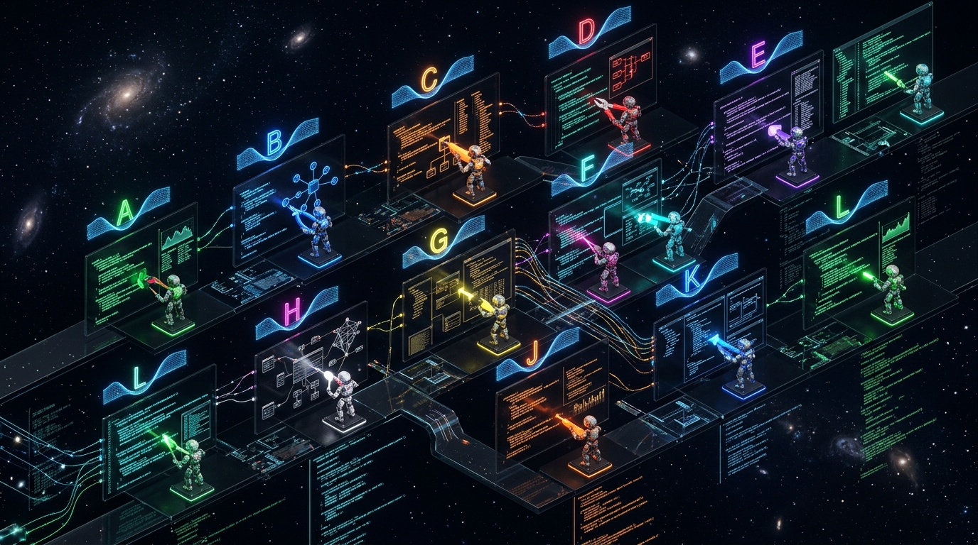 Isometric visualization of parallel AI agents working across the codebase in 12 waves