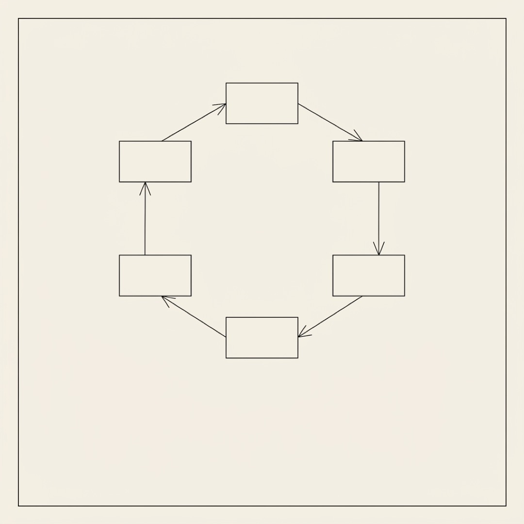 Six labeled boxes arranged in a ring representing the kernel pieces, footer, preload hook, always-inject, feedback log, regen queue, and spec, connected by thin arrows.