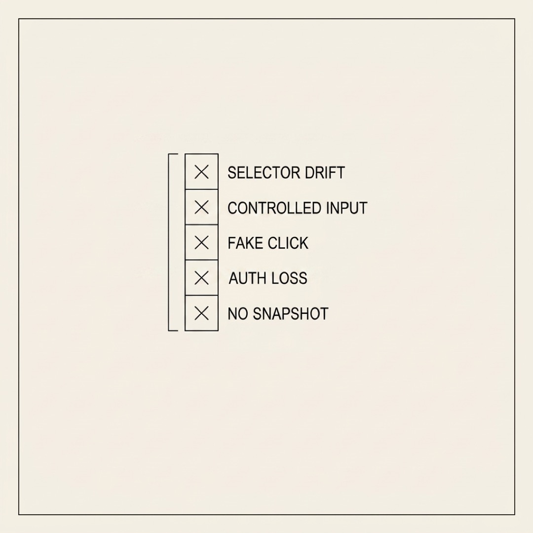 A vertical list of the five failure modes, selector drift, controlled input, fake click, auth loss, and missing snapshot, each marked with an X.