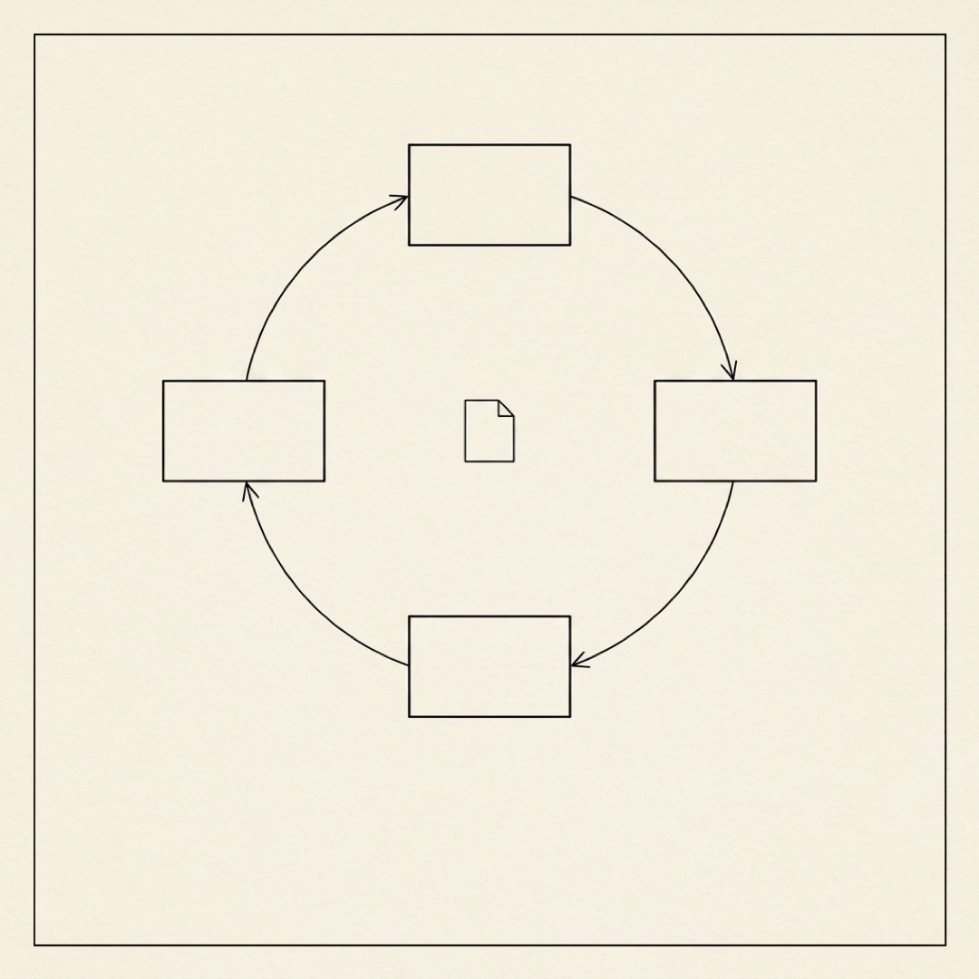 A four-step loop, open then snapshot then act then re-snapshot, with arrows running clockwise around a center page icon.