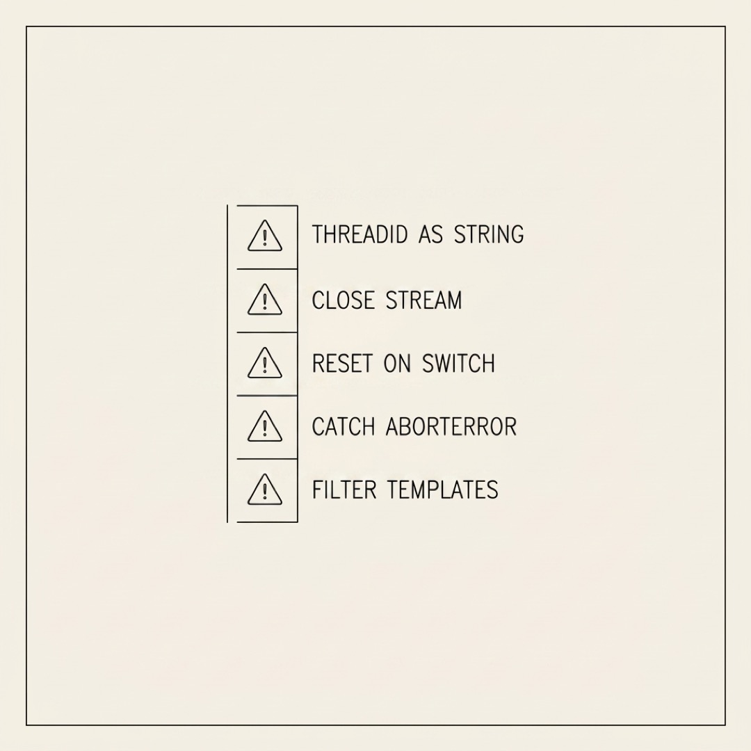 A checklist of five CrayonChat gotchas, threadId as string, close stream, reset on switch, catch AbortError, and filter templates from history.