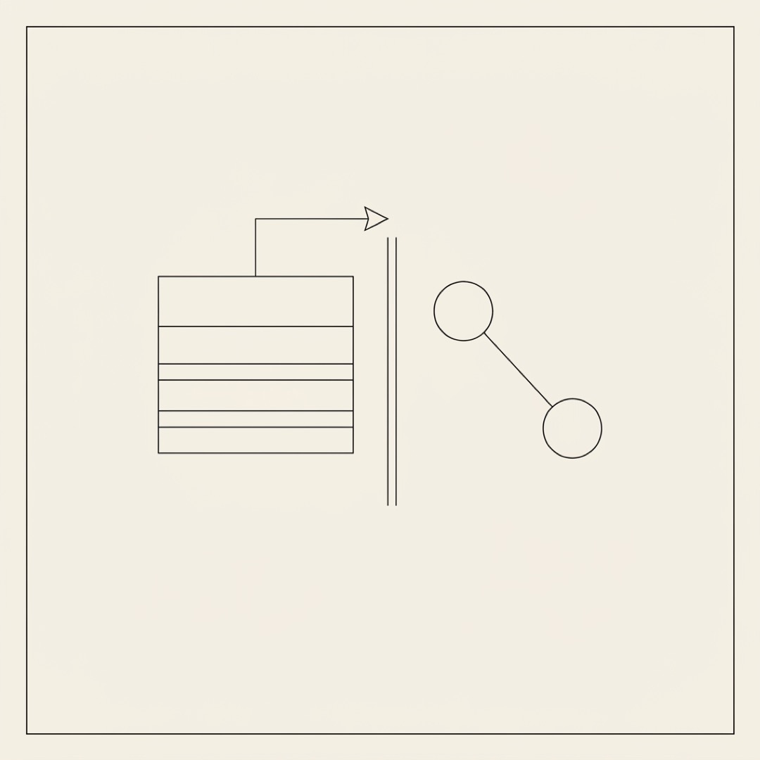 A split architecture, Xano on the left holding entity properties, FalkorDB on the right holding ID-only nodes and edges, connected by a same-ids arrow.