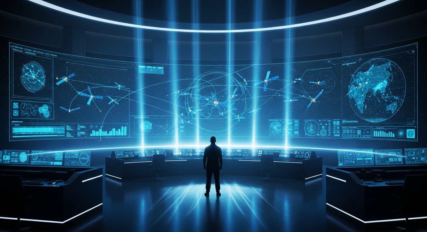 Mission control — operator silhouetted before holographic chain dashboards (Imagen 4)