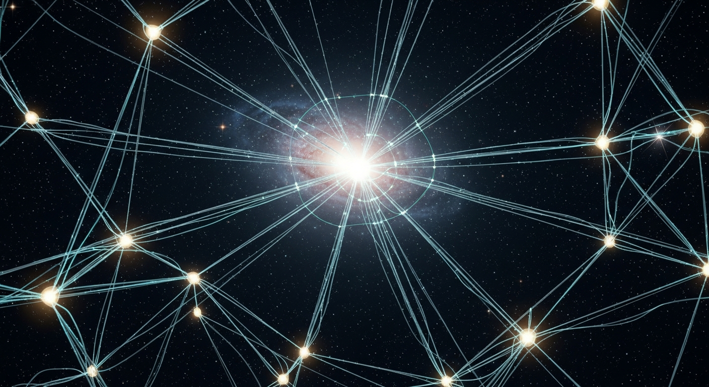 Investor cosmic web — every firm a node, every co-investment a thread of light (Imagen 4)